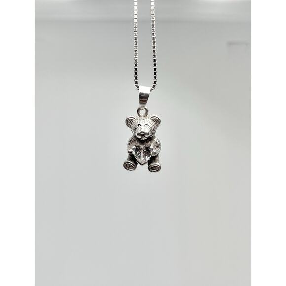 1980s Vintage .925 Sterling Silver & Cubic Zirconia Teddy Bear Pendant & Chain - Picture 3 of 6